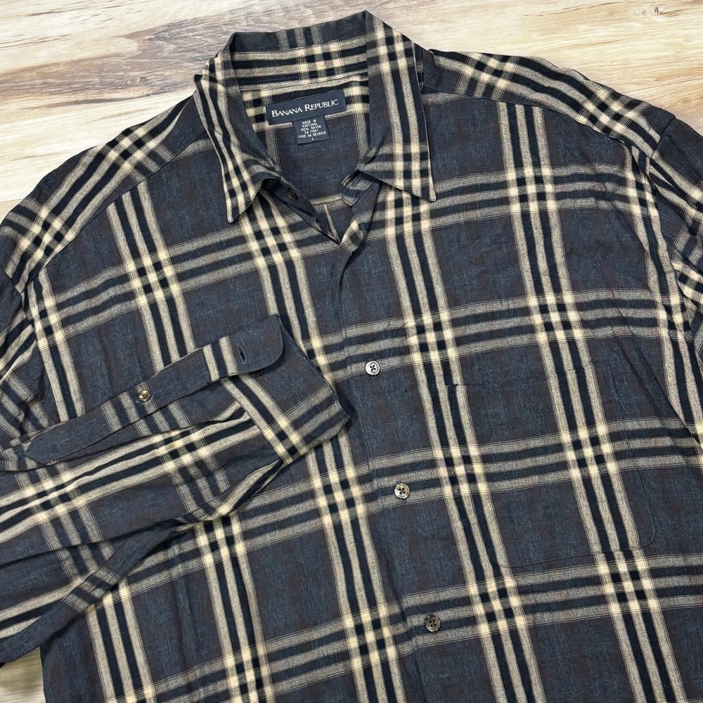 Vintage 90s Banana Republic Rayon Shirt Large Plaid Portugal Grunge Drapey